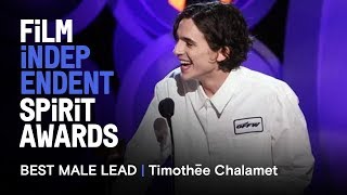 TIMOTHÉE CHALAMET wins Best Male Lead at the 2018 Film Independent Spirit Awards [upl. by Norby]