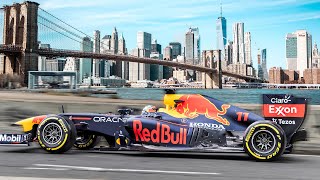 Sergio Perez Drives F1 Car Through New York City [upl. by Elleirda]