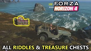 Forza Horizon 4 Fortune Island  All Riddles amp Treasure Chest Locations Solutions Guide [upl. by Nilcaj]