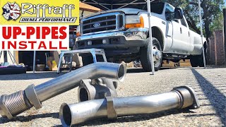 2001 F350 73  RiffRaff UpPipes Install  Stock up pipes leaking and falling apart JUNK SP [upl. by Rains]