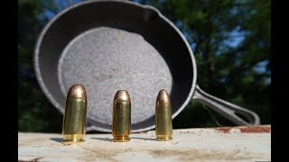 9mm vs 40 Cal vs 45 ACP  Cast Iron Skillets [upl. by Eey]