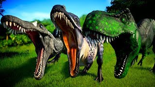 2 T Rex Vs 2 Spinosaurus Vs 2 Acrocanthosaurus  Jurassic World Evolution Dinosaurs Fight [upl. by Hewie558]