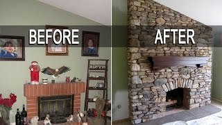 Eldorado Stone Fireplace Installation with mantel  Time Lapse  installing stone veneer [upl. by Coplin]