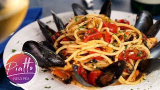 Seafood Pasta Recipe  SPAGHETTI with MUSSELS White Wine and Tomatoes [upl. by Aes901]